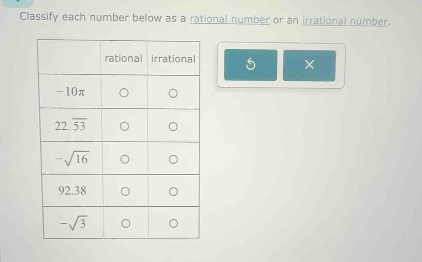 classify each number below as a rational number or an irrational number…