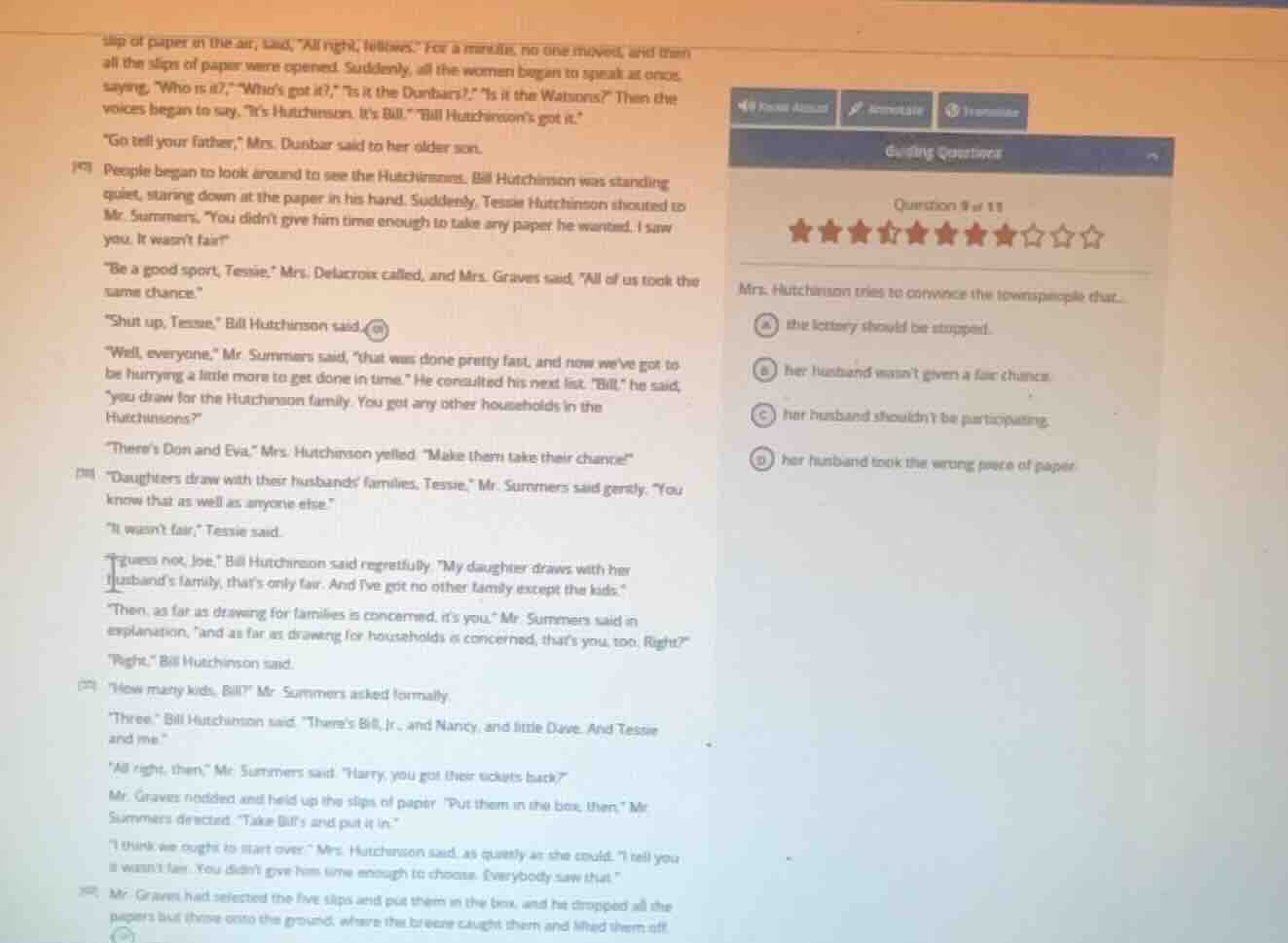 mrs. hutchinson tries to convince the townspeople that... a the lottery…