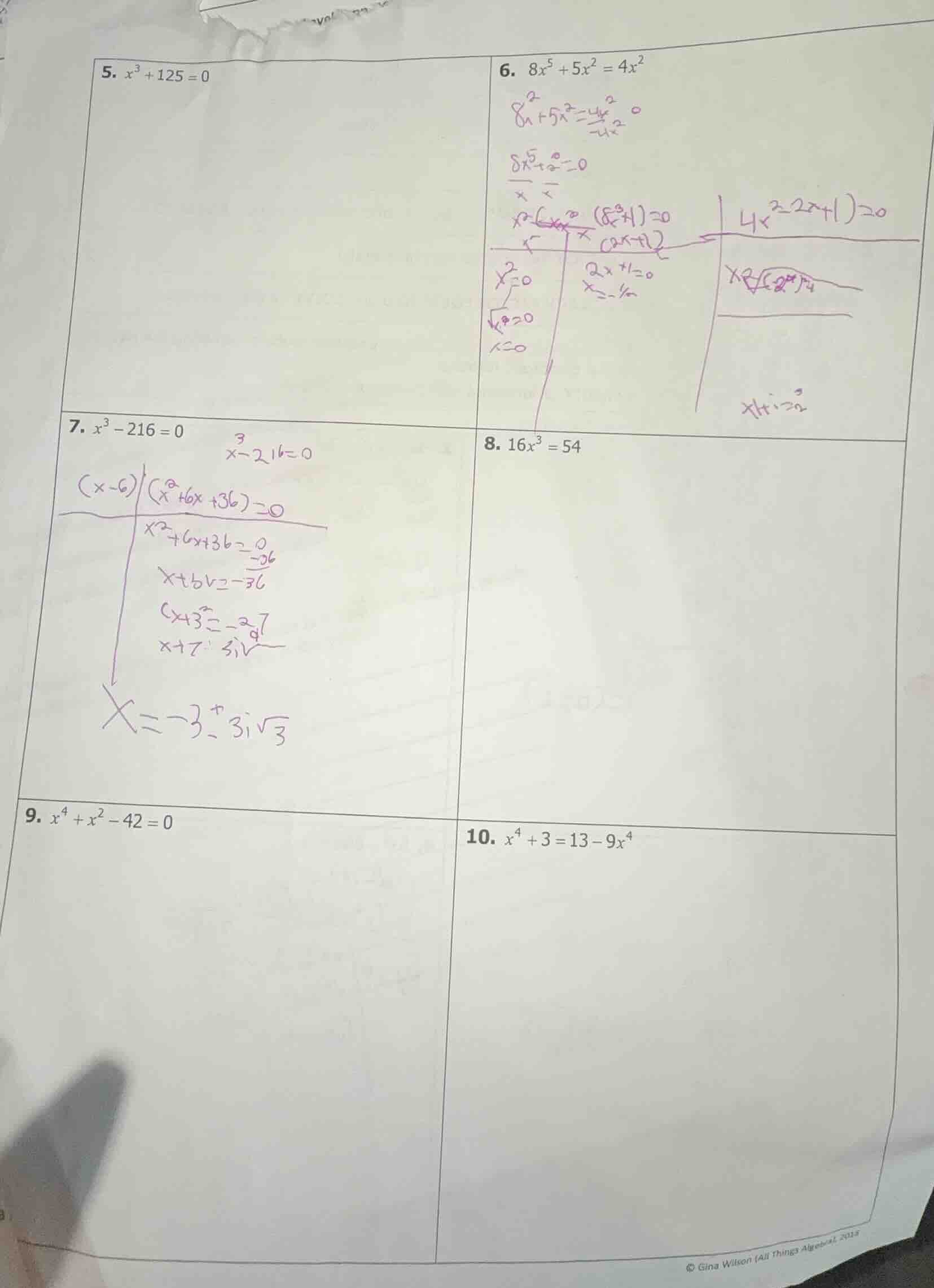 5. $x^3 + 125 = 0$ 6. $8x^5 + 5x^2 = 4x^2$ 7. $x^3 - 216 = 0$ 8. $16x^3…