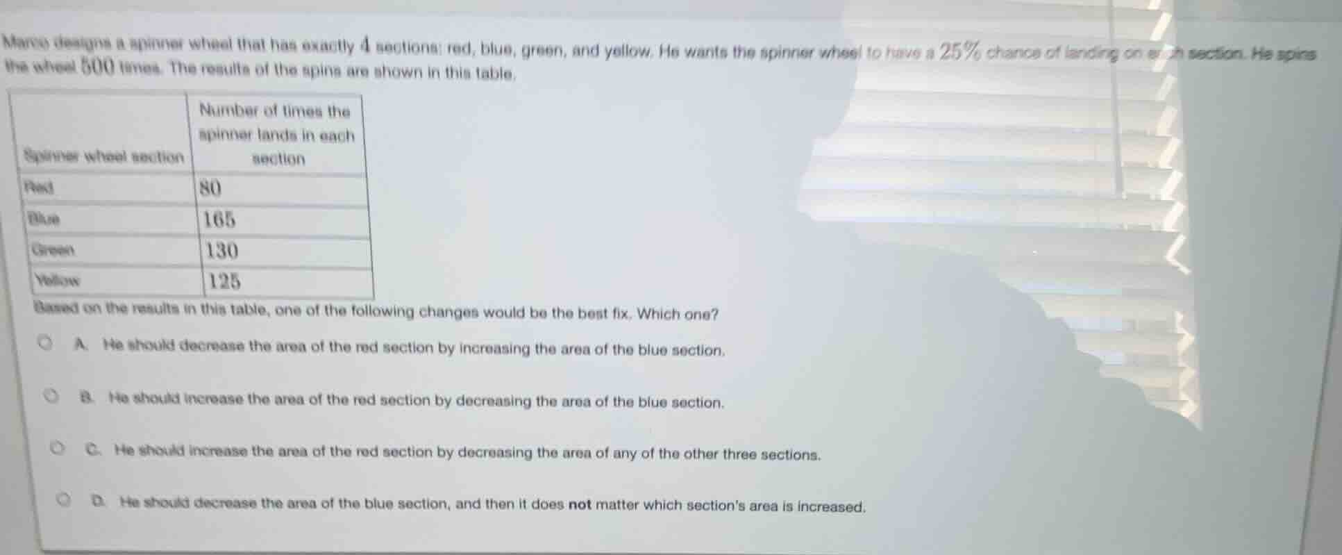 marco designs a spinner wheel that has exactly 4 sections: red, blue, g…