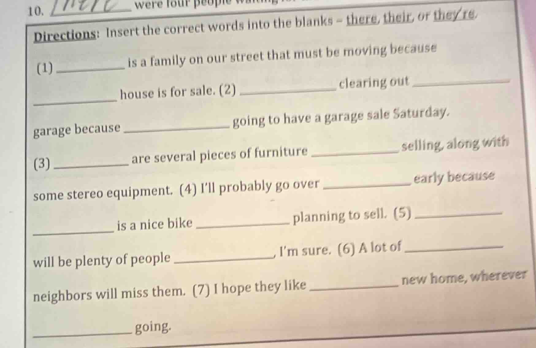 directions: insert the correct words into the blanks - there, their, or…