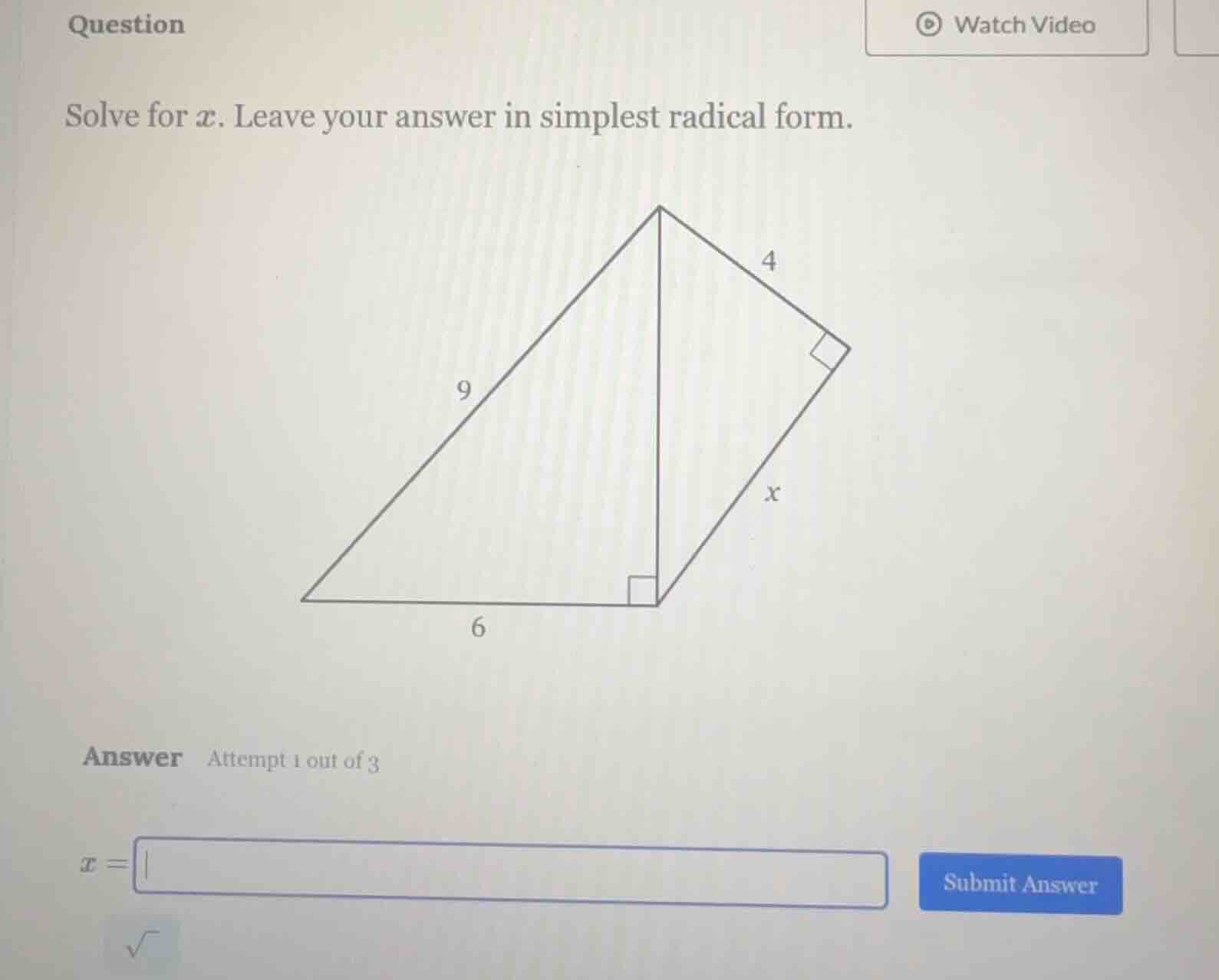 question solve for ( x ). leave your answer in simplest radical form. (…