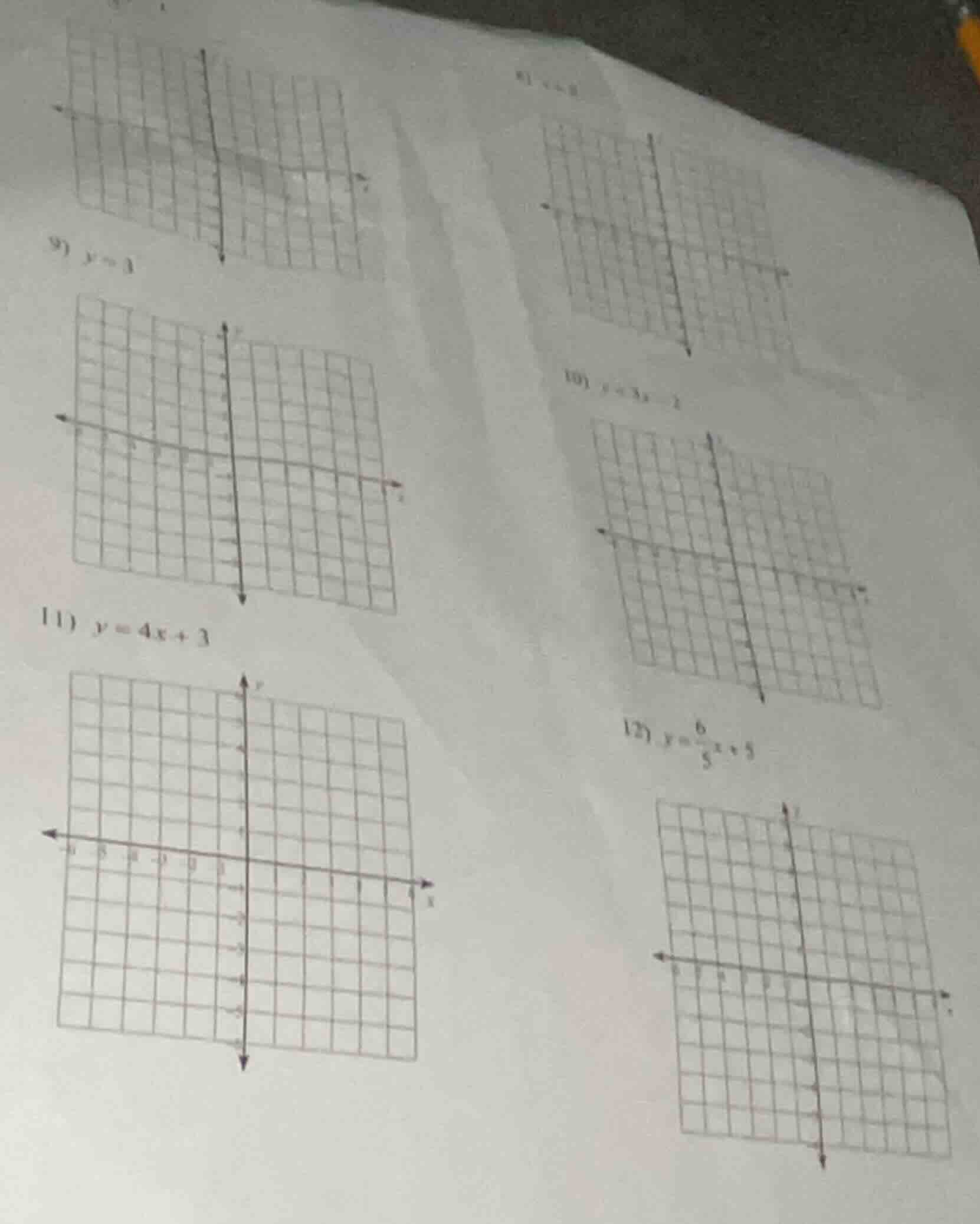 9) y = 1 10) y = 3x - 2 11) y = 4x + 3 12) y = \\frac{6}{5}x + 5