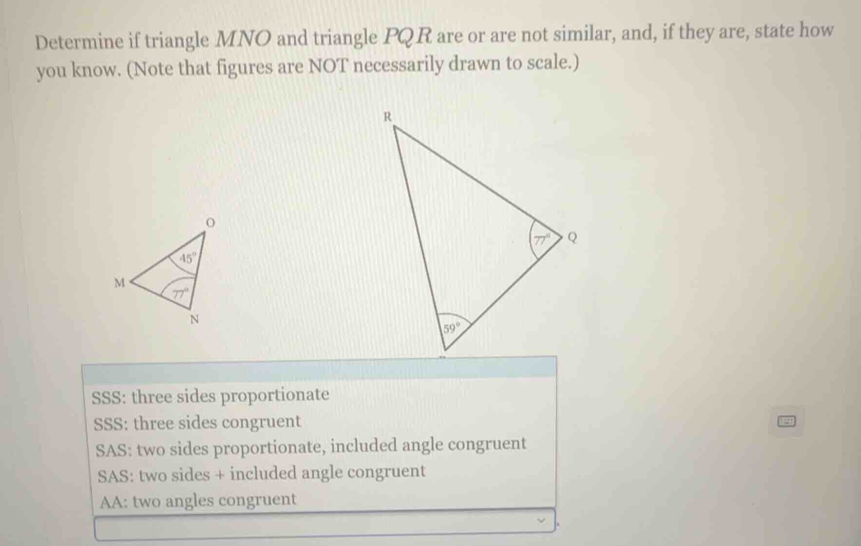 determine if triangle mno and triangle pqr are or are not similar, and,…