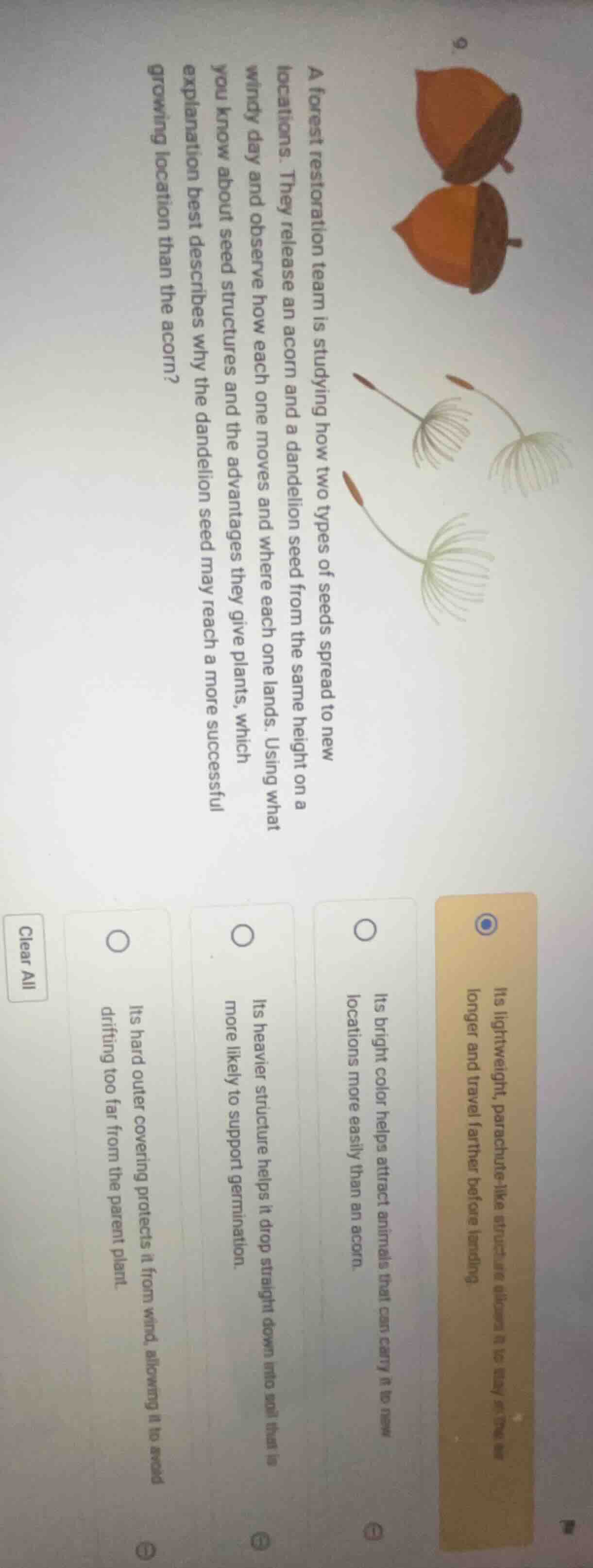 9. a forest restoration team is studying how two types of seeds spread …