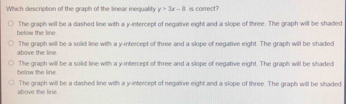 which description of the graph of the linear inequality ( y > 3x - 8 ) …