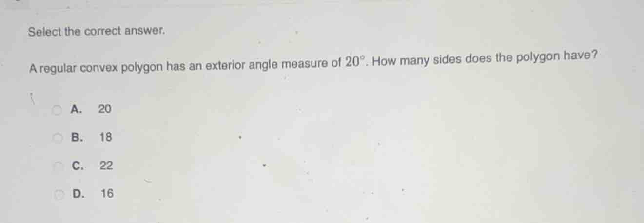 select the correct answer. a regular convex polygon has an exterior ang…
