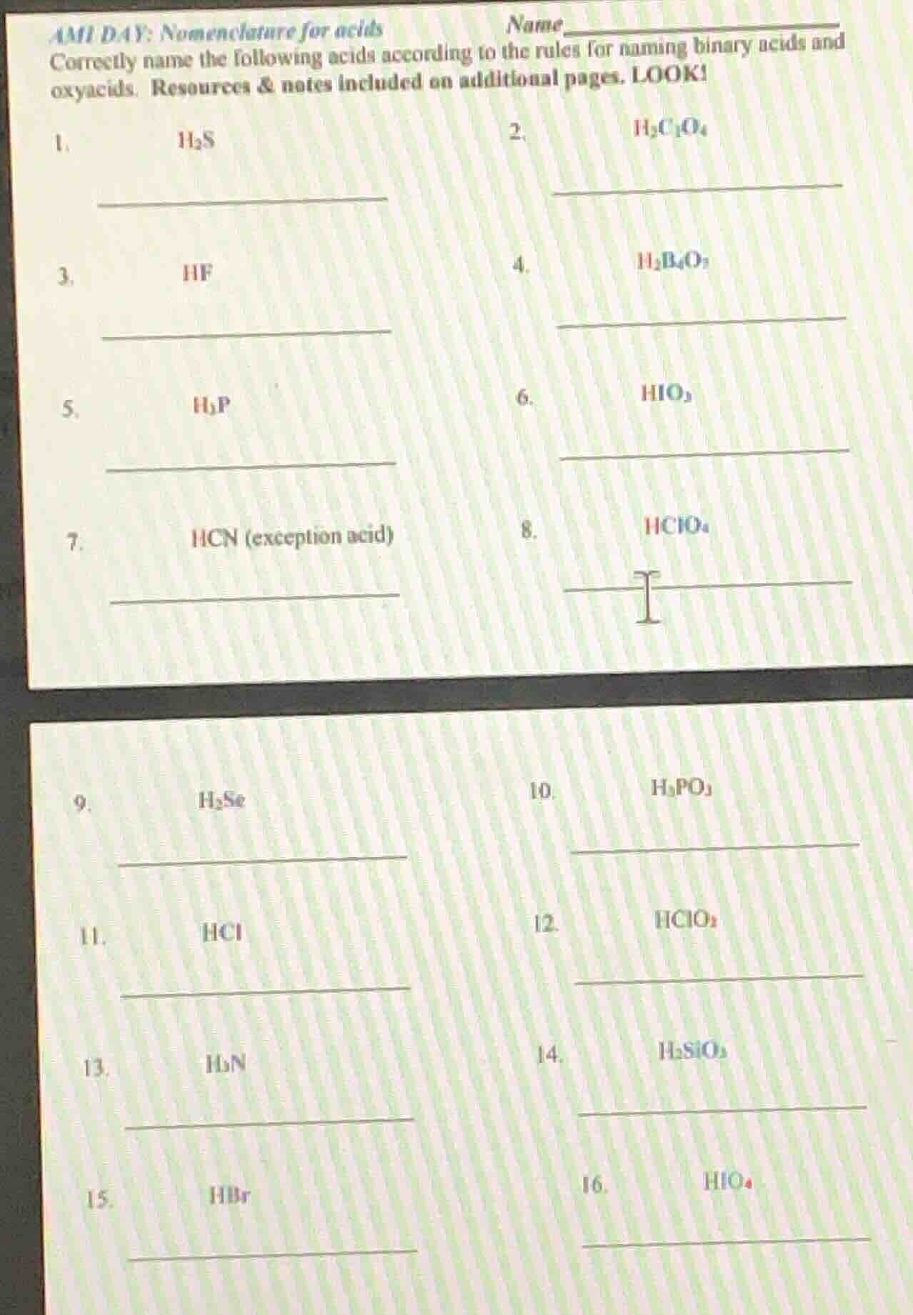 ami day: nomenclature for acids name correctly name the following acids…