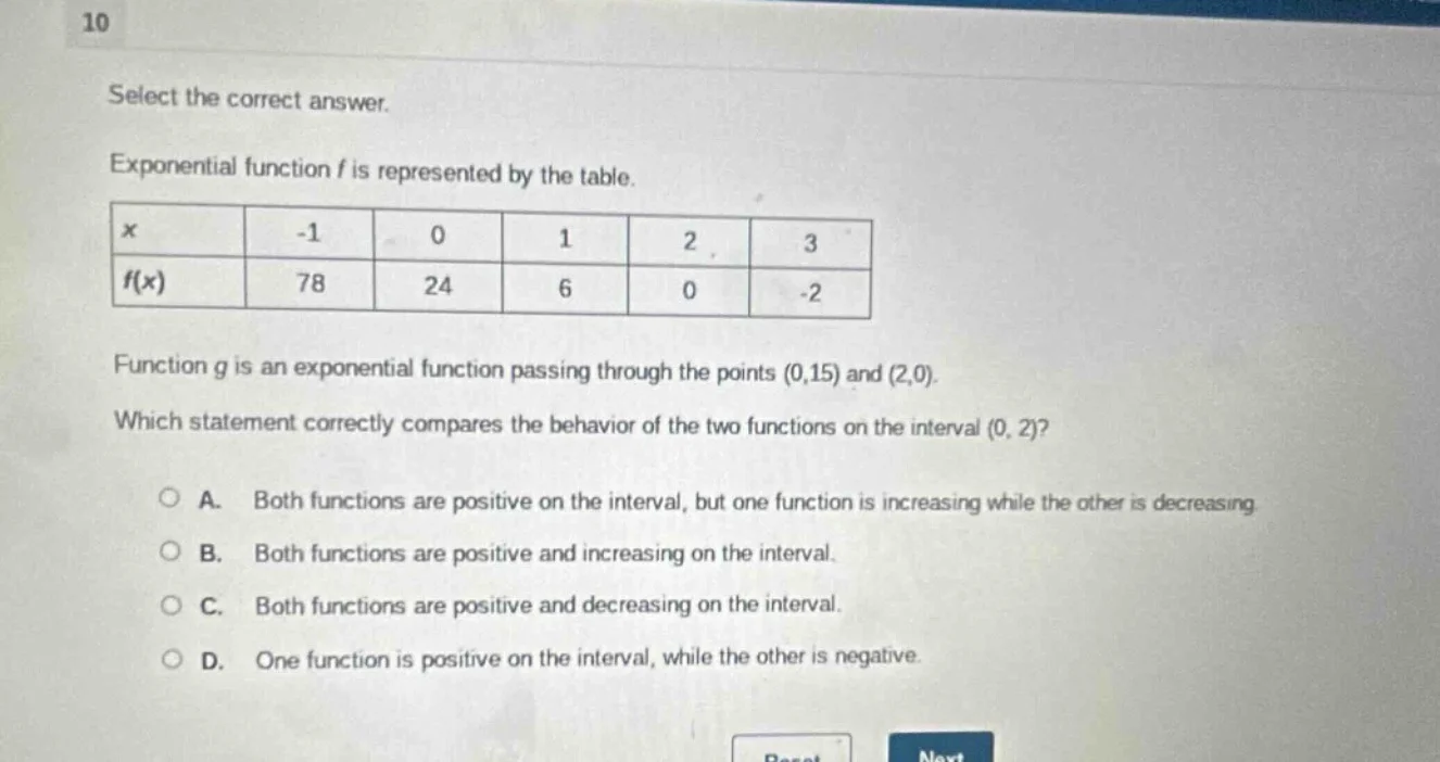 select the correct answer. exponential function ( f ) is represented by…