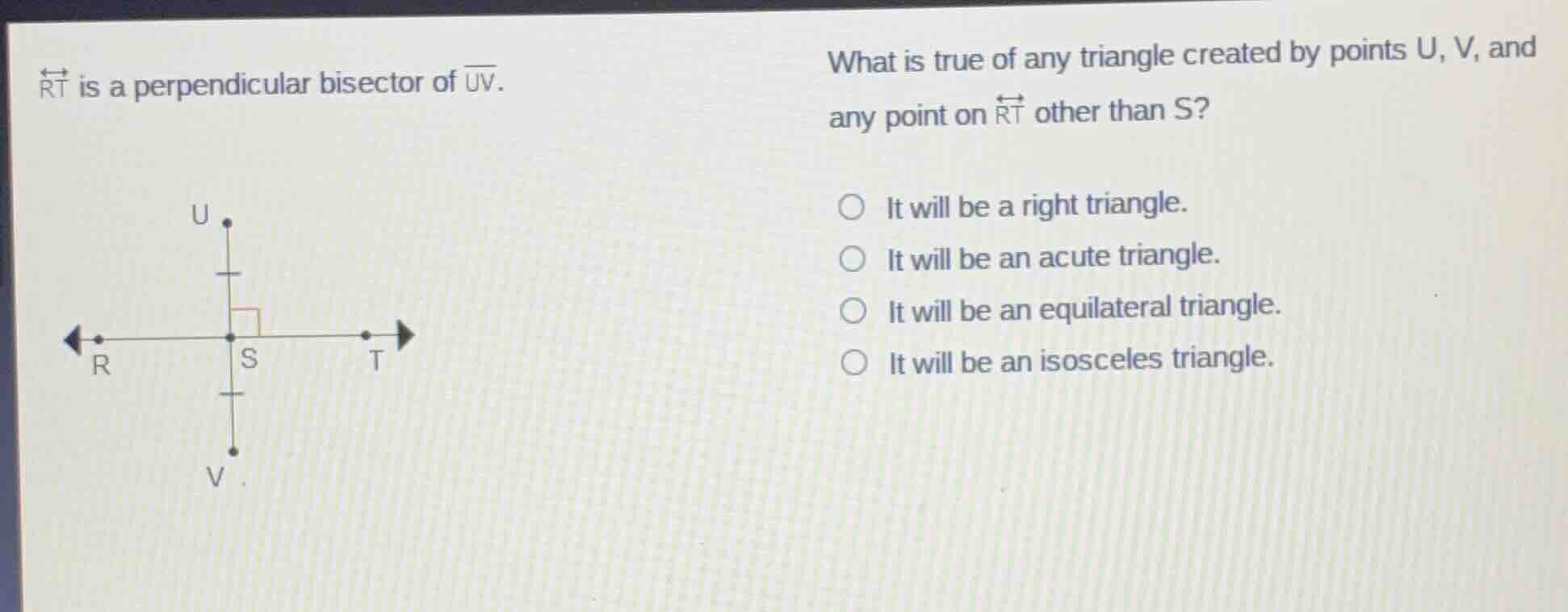 $\\overleftrightarrow{rt}$ is a perpendicular bisector of $\\overline{u…