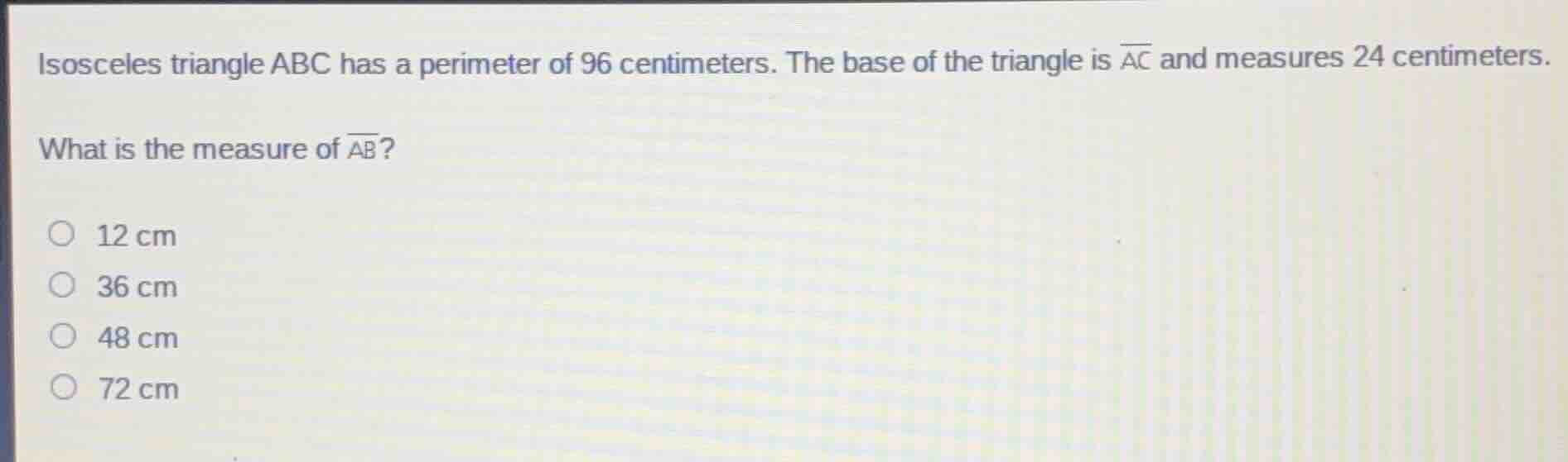isosceles triangle abc has a perimeter of 96 centimeters. the base of t…