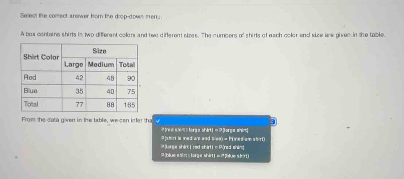 select the correct answer from the drop-down menu. a box contains shirt…