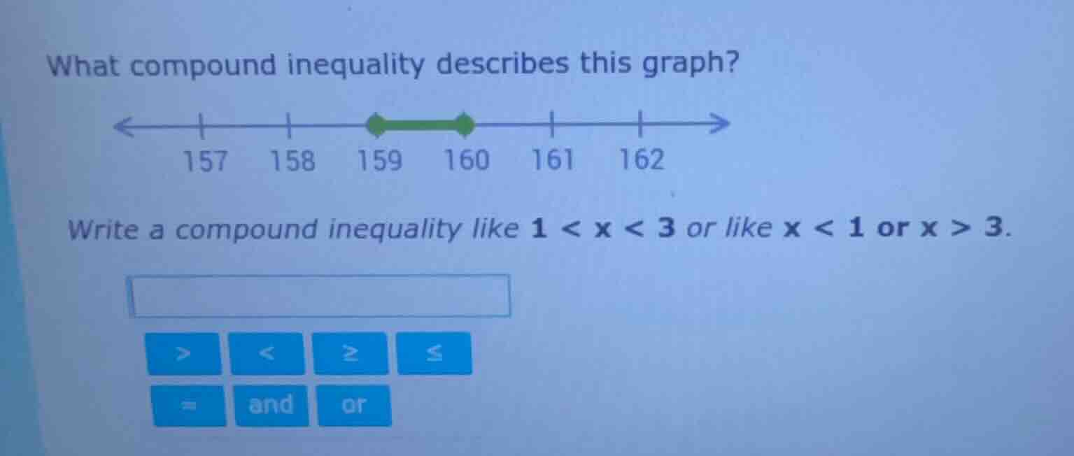 what compound inequality describes this graph? 157 158 159 160 161 162 …