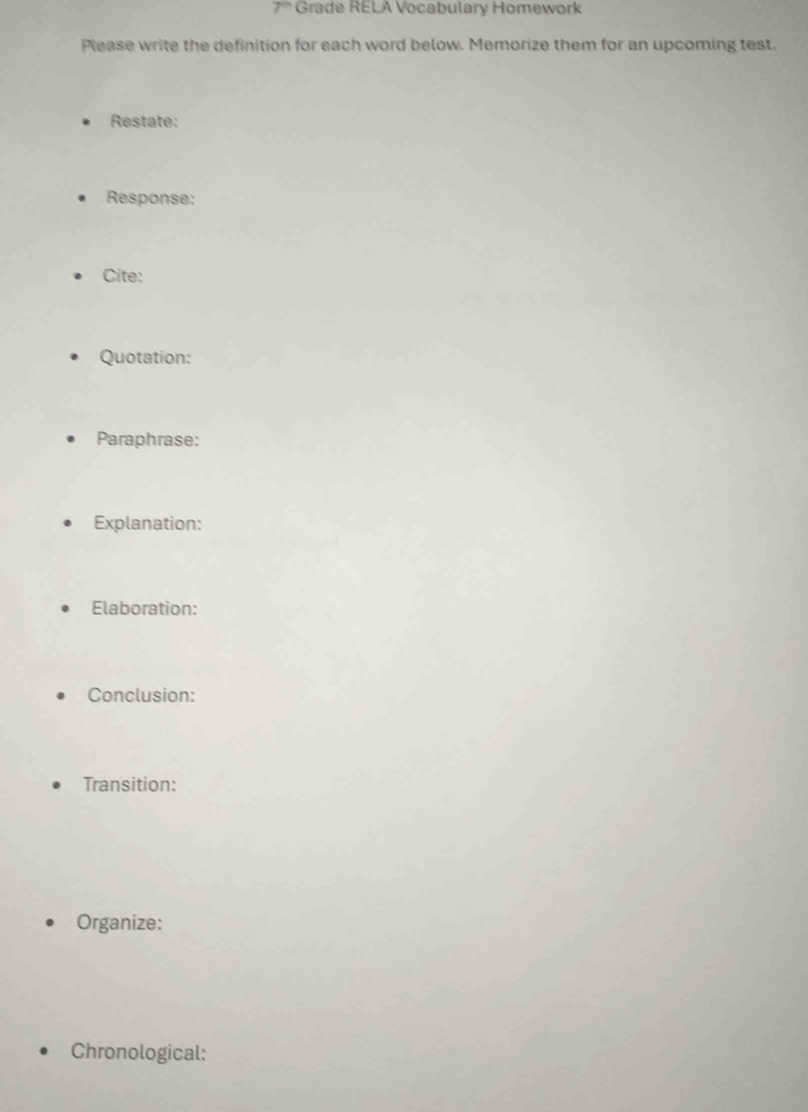 7th grade rela vocabulary homework please write the definition for each…