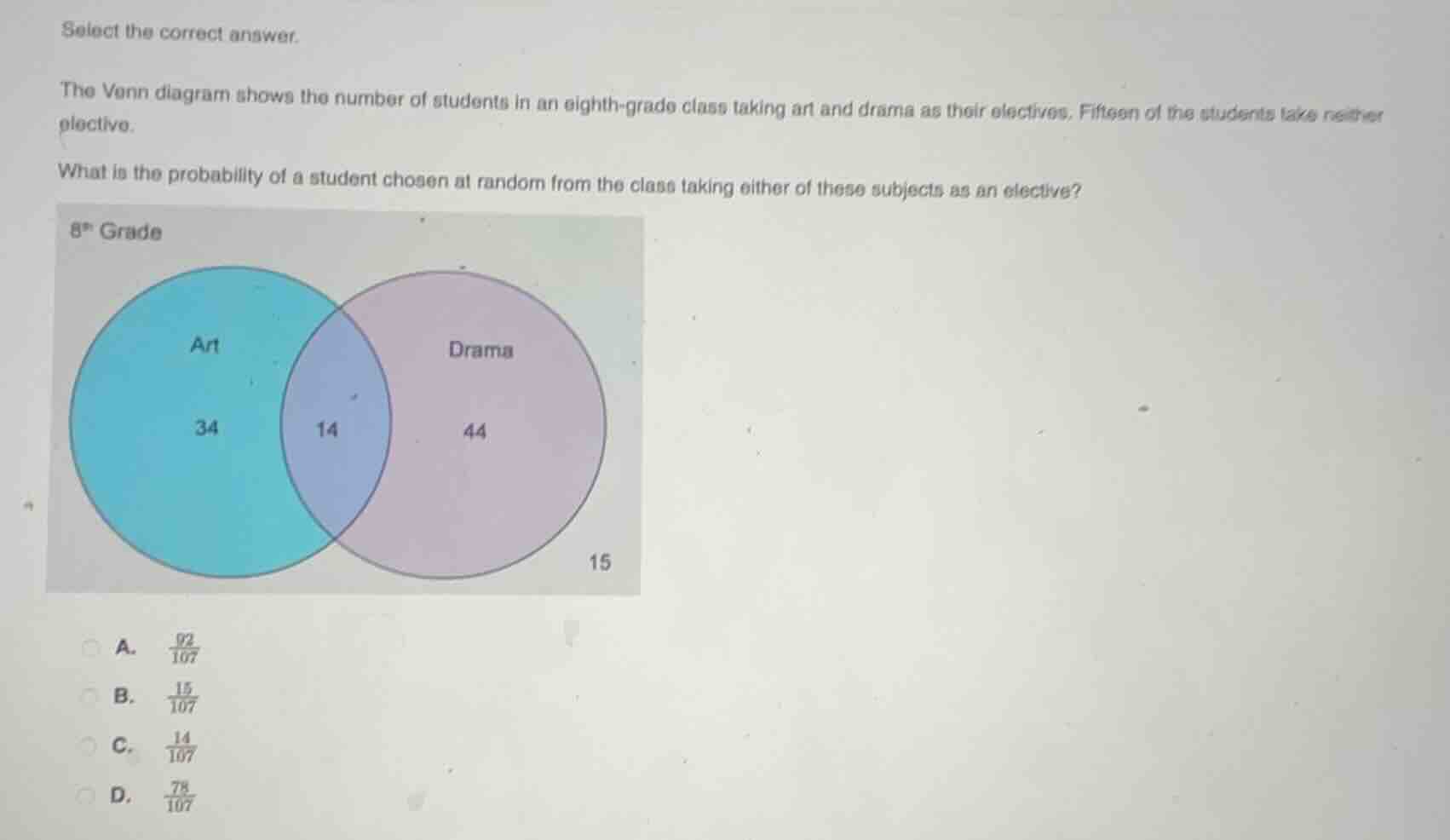 select the correct answer. the venn diagram shows the number of student…