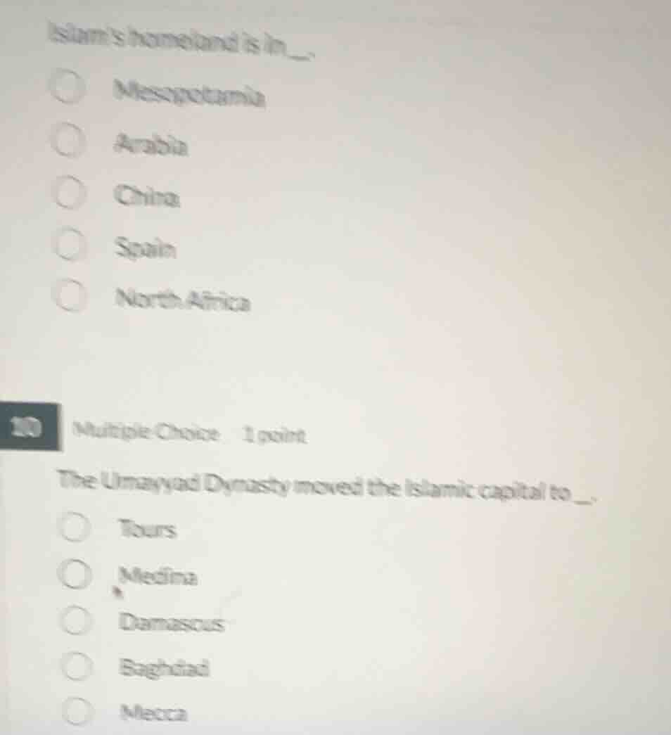 islams homeland is in... mesopotamia arabia china spain north africa 10…