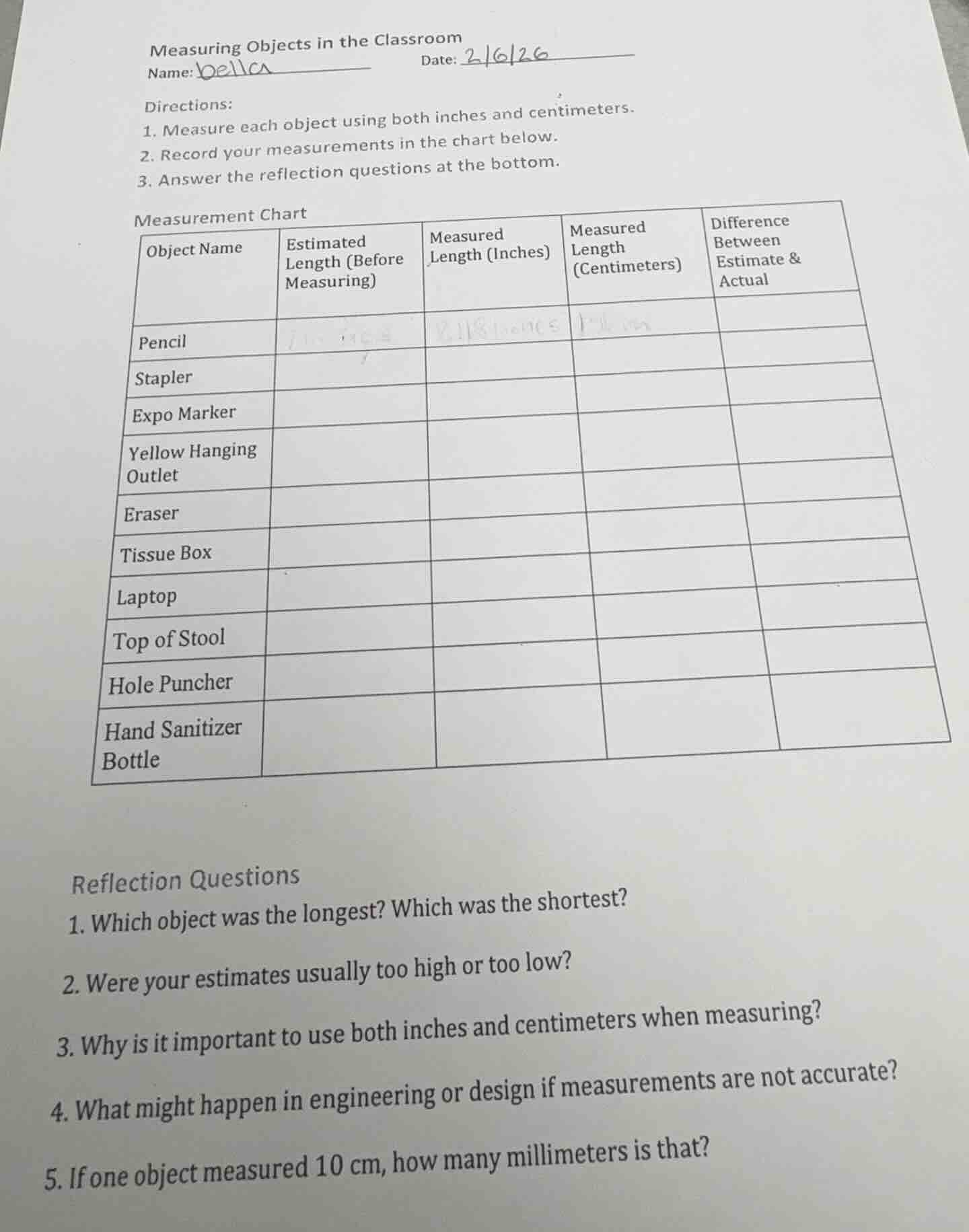 measuring objects in the classroom name: date: directions: 1. measure e…