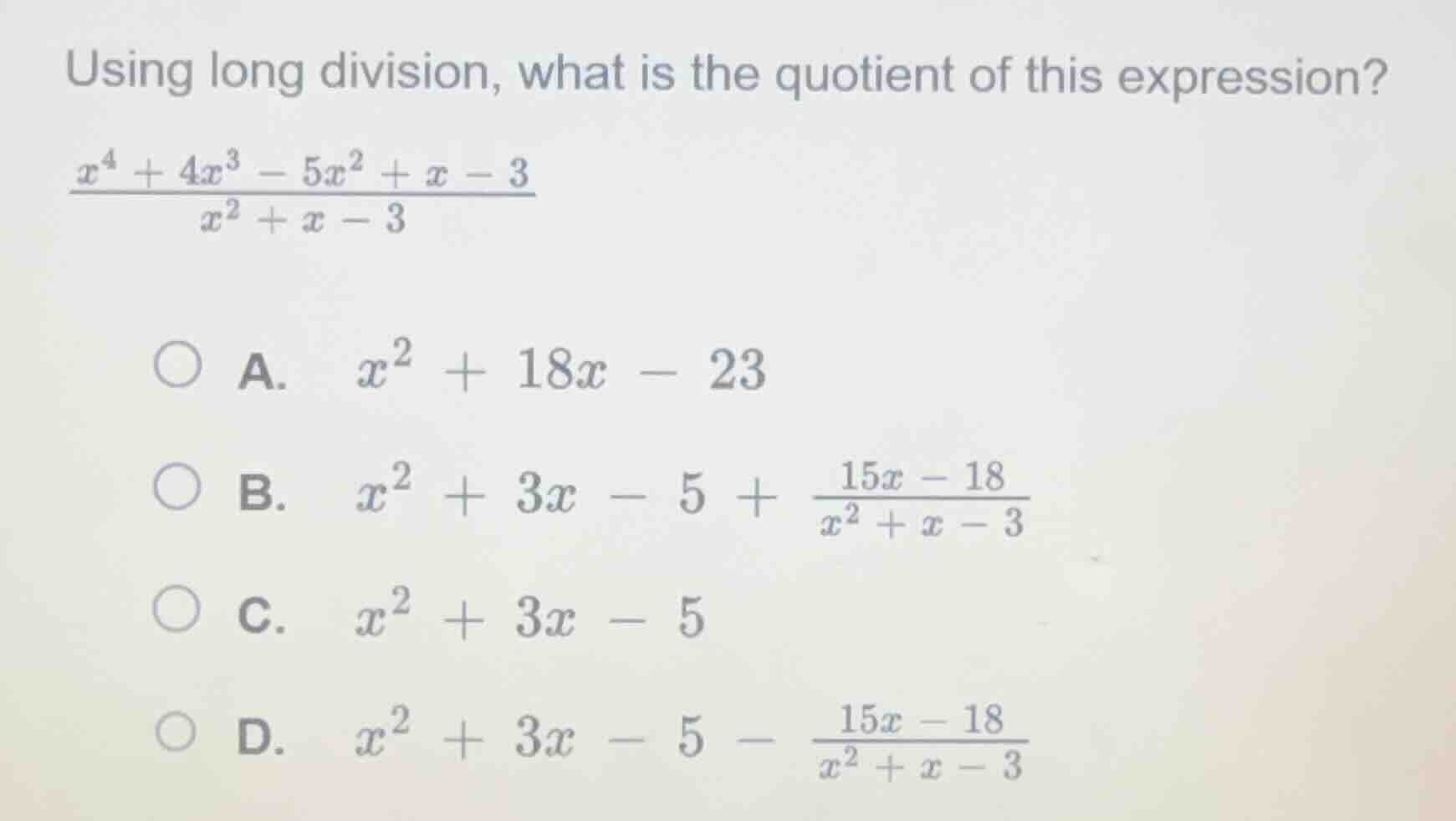 using long division, what is the quotient of this expression?\\(\frac{x…