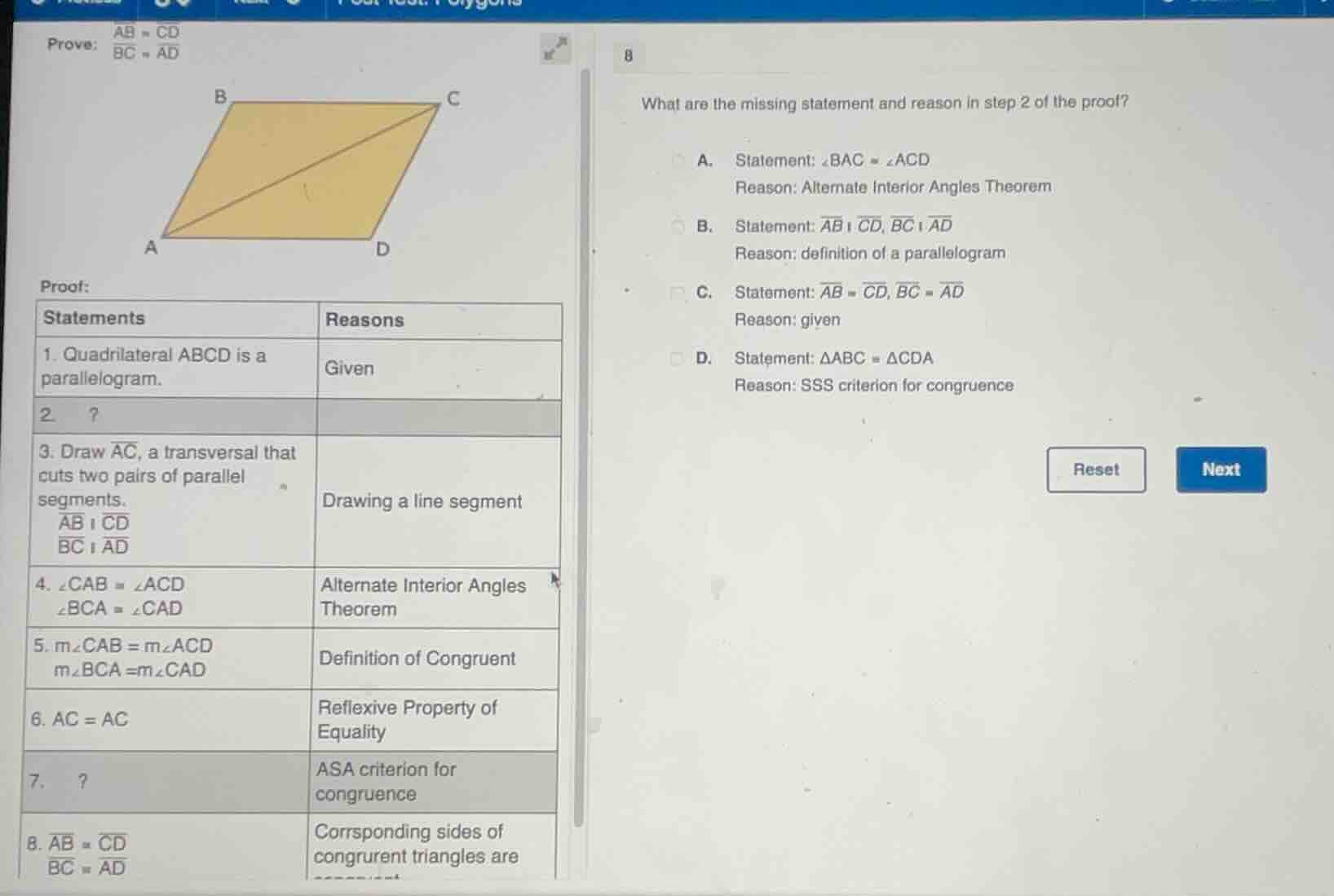 prove: \\begin{align*} ab &\\cong cd \\\\ bc &\\cong ad \\end{align*} \…