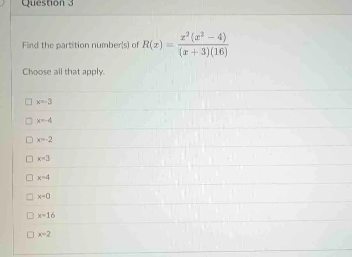 question 3 find the partition number(s) of ( r(x) = \frac{x^2(x^2 - 4)}…