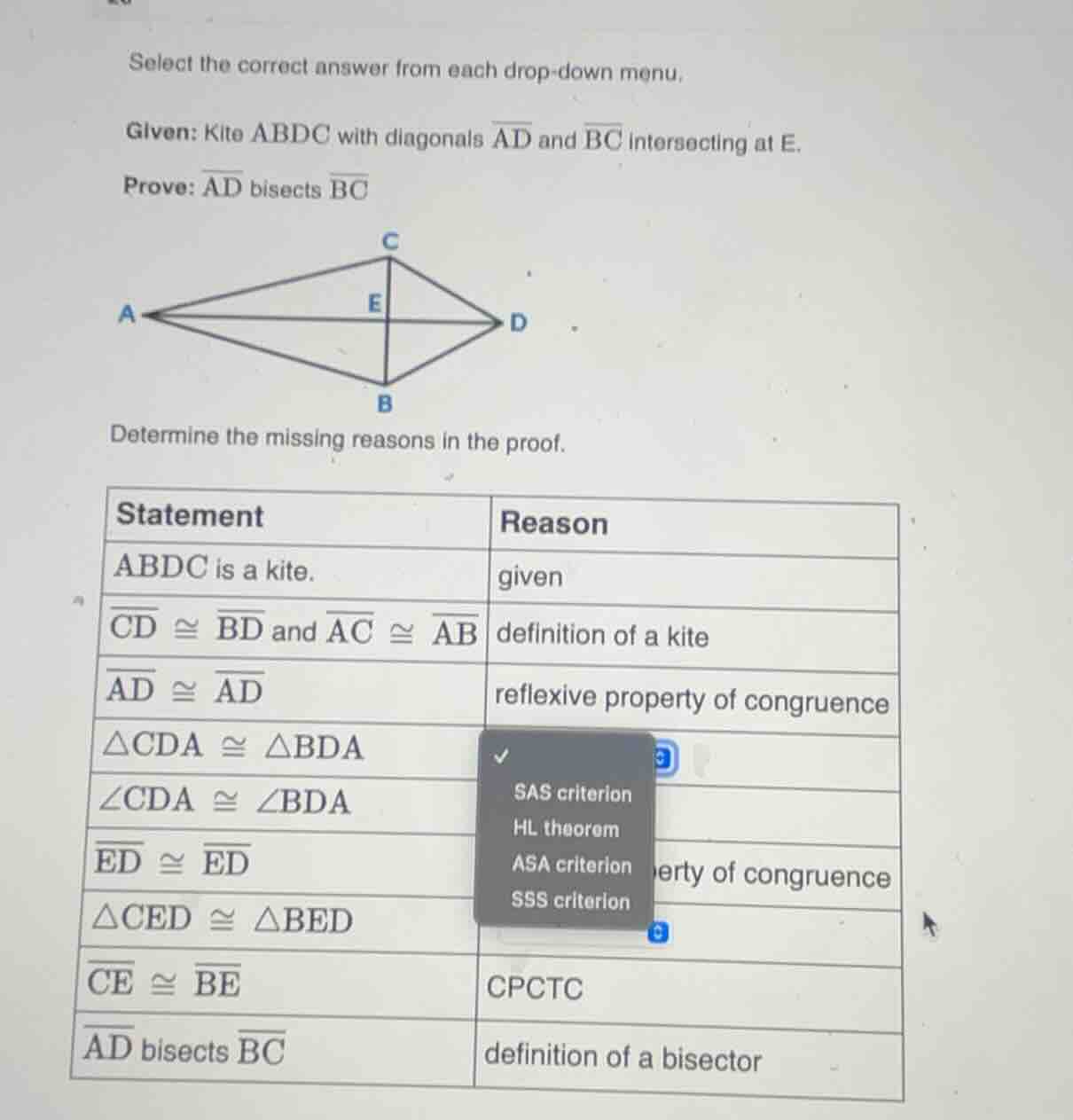 select the correct answer from each drop - down menu. given: kite abdc …