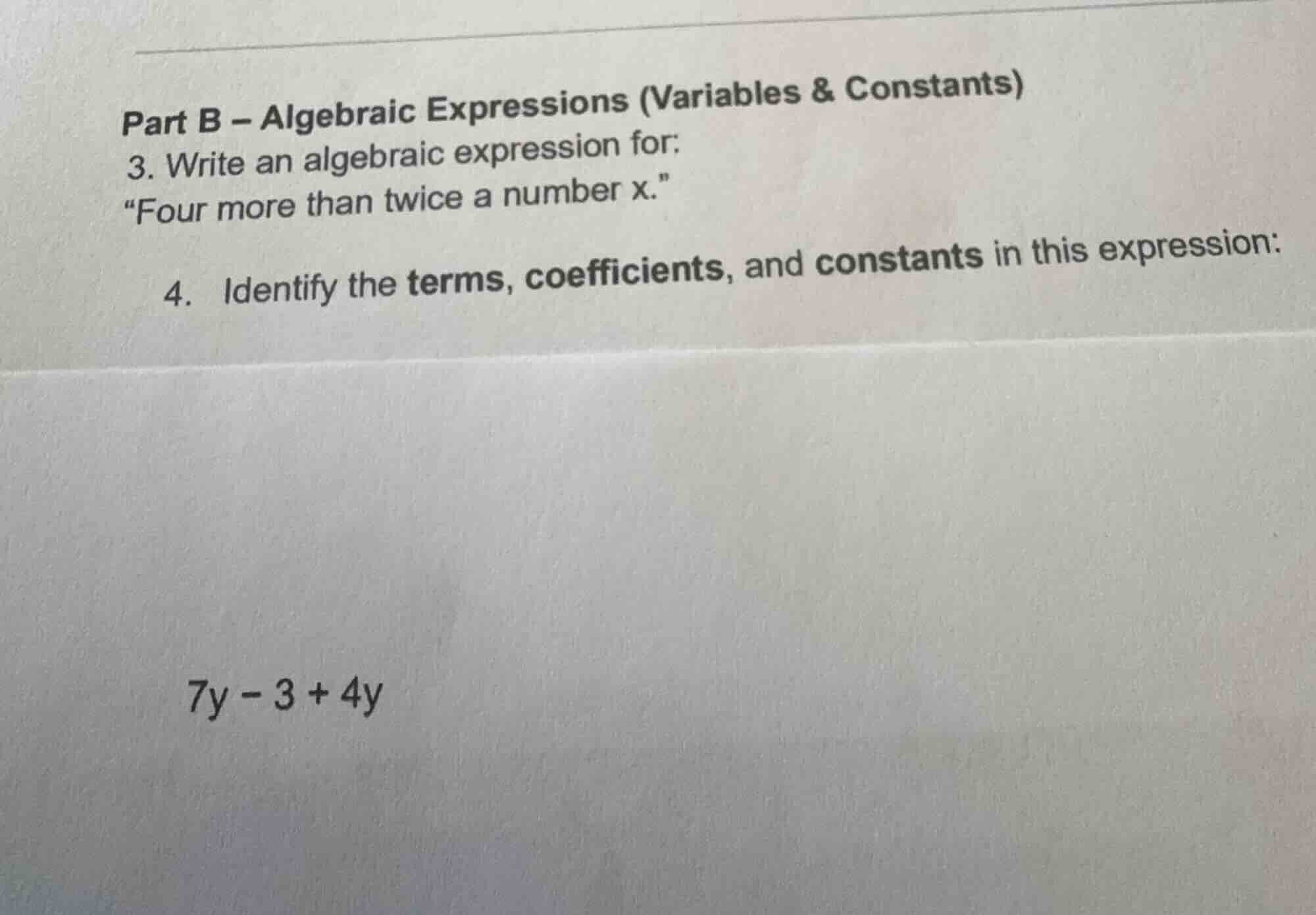 part b – algebraic expressions (variables & constants) 3. write an alge…