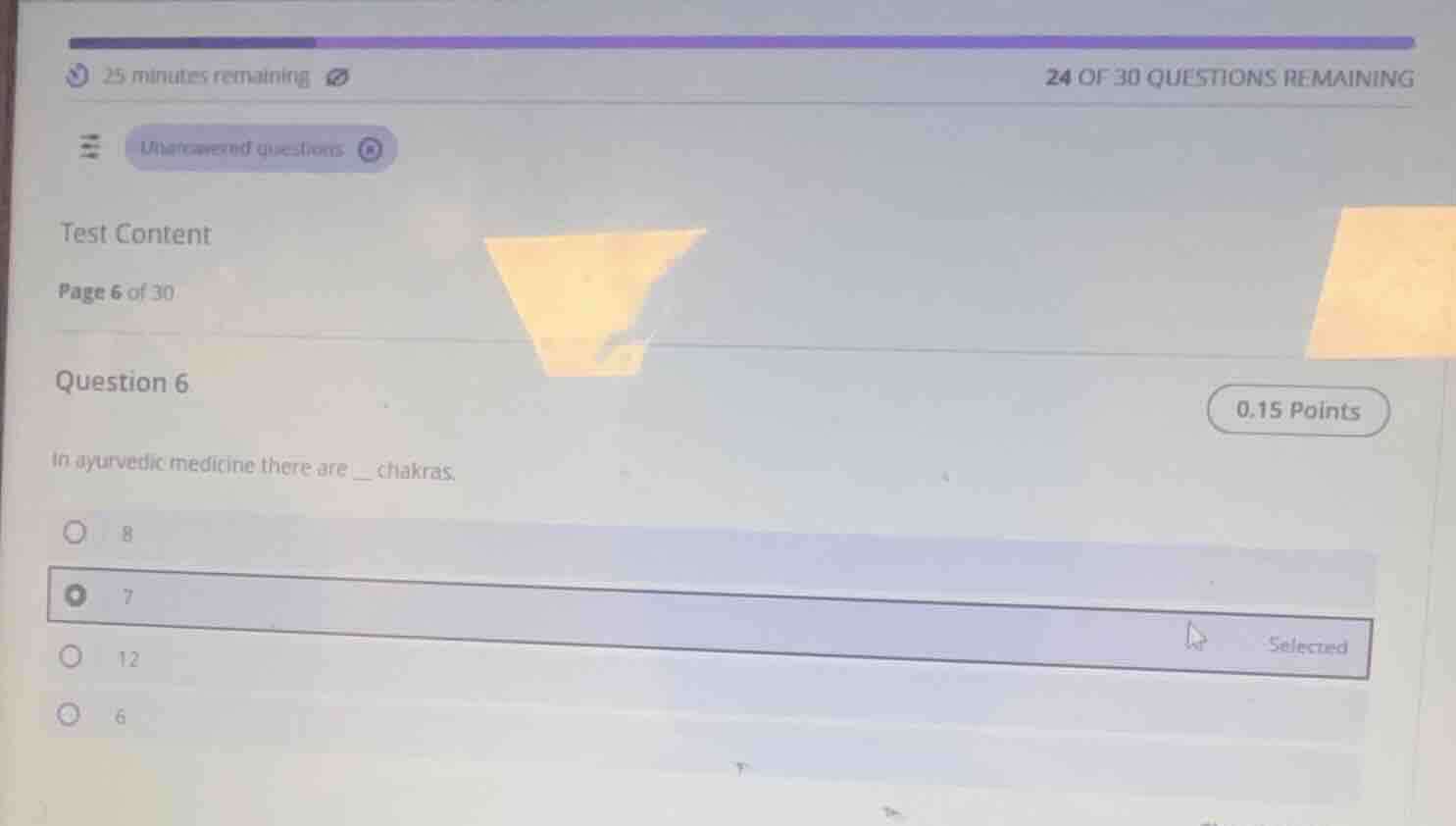 question 6 in ayurvedic medicine there are __ chakras. 8 7 12 6