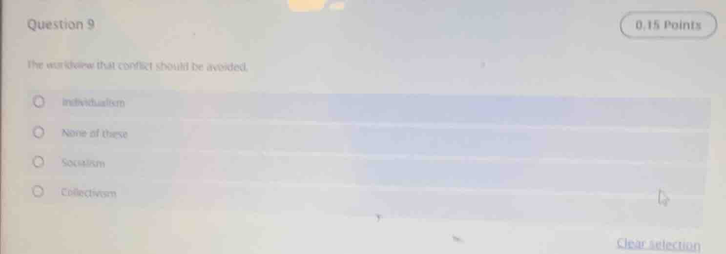 question 9 0.15 points the worldview that conflict should be avoided. i…