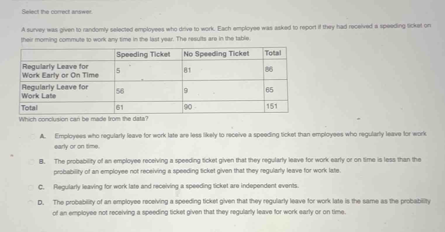 select the correct answer. a survey was given to randomly selected empl…