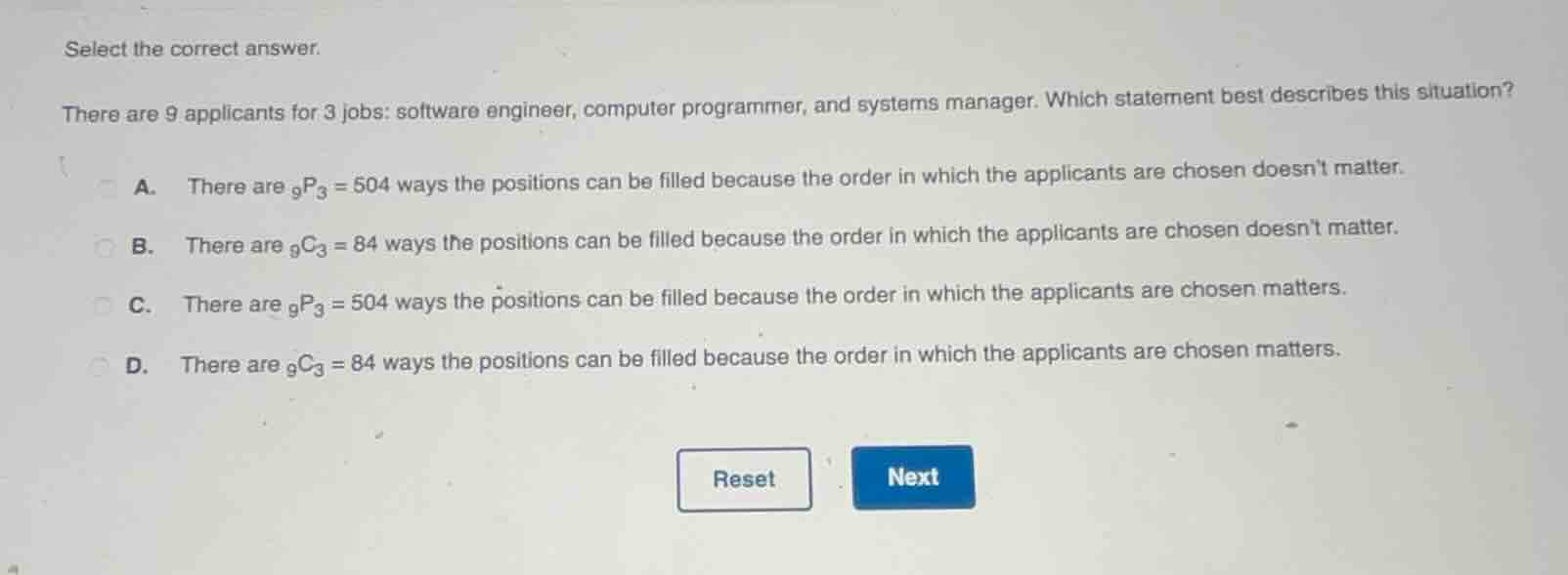 select the correct answer. there are 9 applicants for 3 jobs: software …