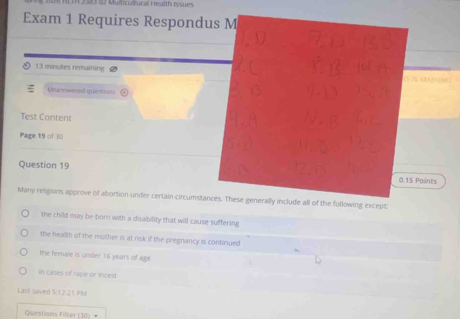 question 19 many religions approve of abortion under certain circumstan…