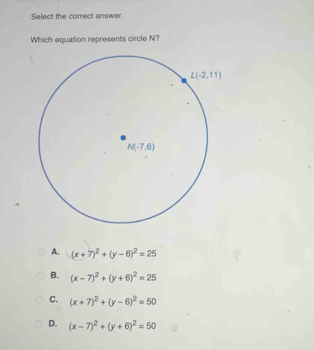 select the correct answer. which equation represents circle n? l(-2,11)…