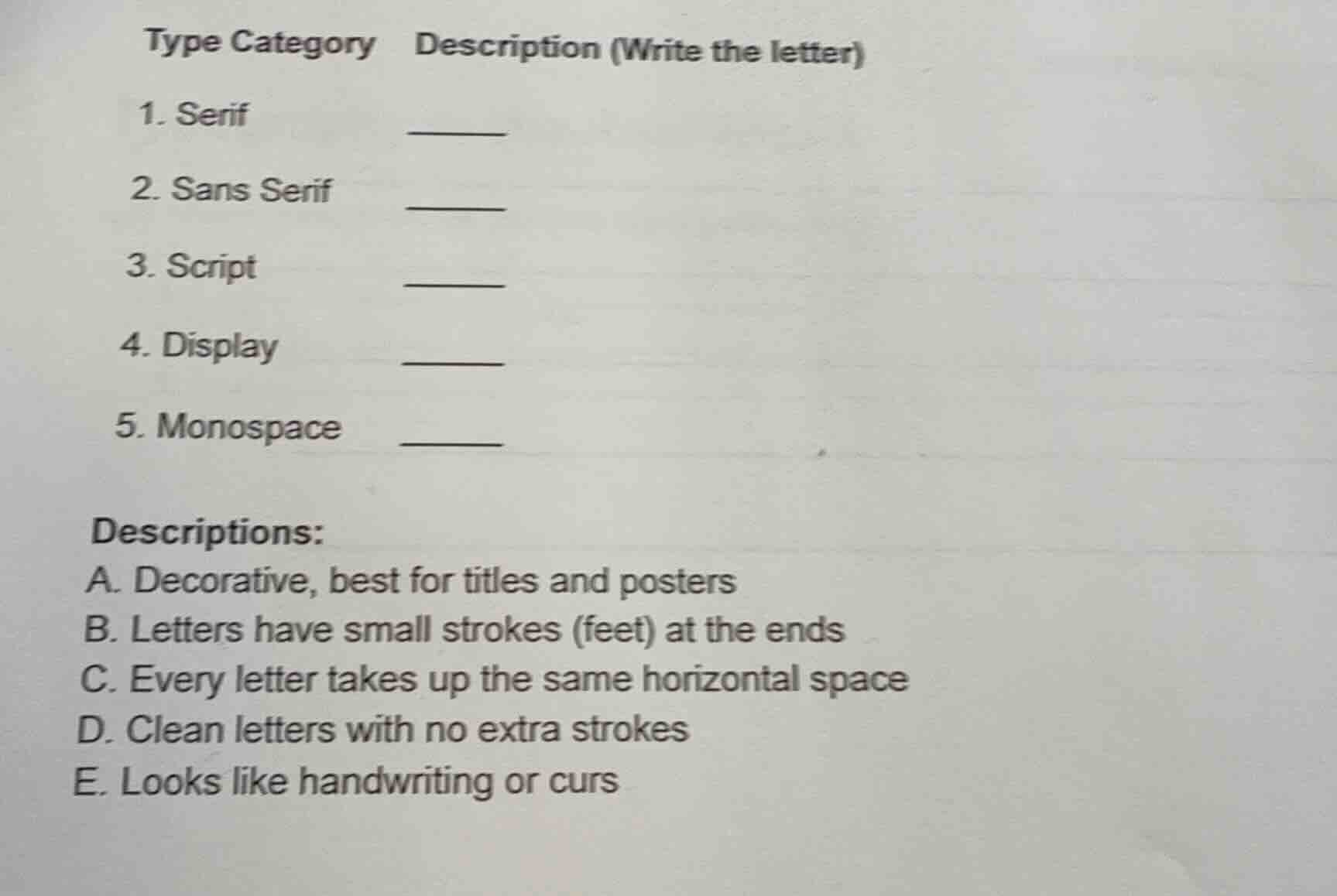 type category description (write the letter) 1. serif ______ 2. sans se…