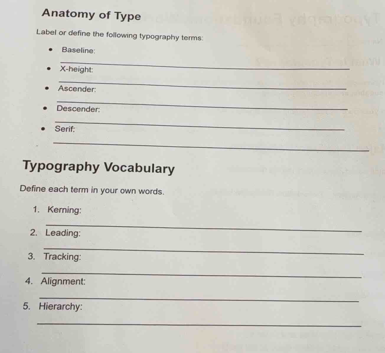 anatomy of type label or define the following typography terms: - basel…