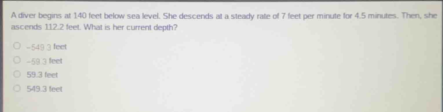 a diver begins at 140 feet below sea level. she descends at a steady ra…