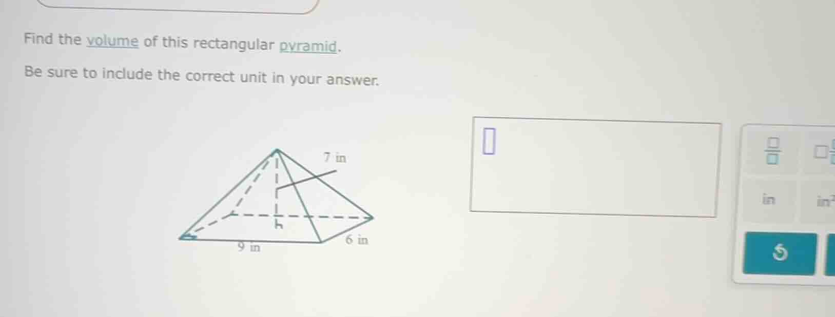 find the volume of this rectangular pyramid. be sure to include the cor…