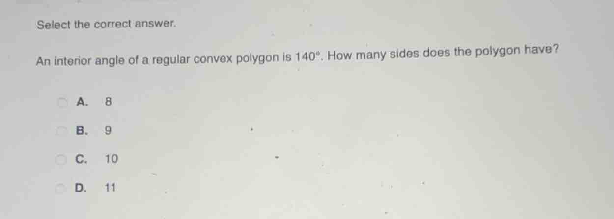 select the correct answer. an interior angle of a regular convex polygo…