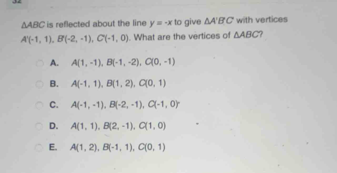 △abc is reflected about the line ( y = -x ) to give ( \triangle abc ) w…