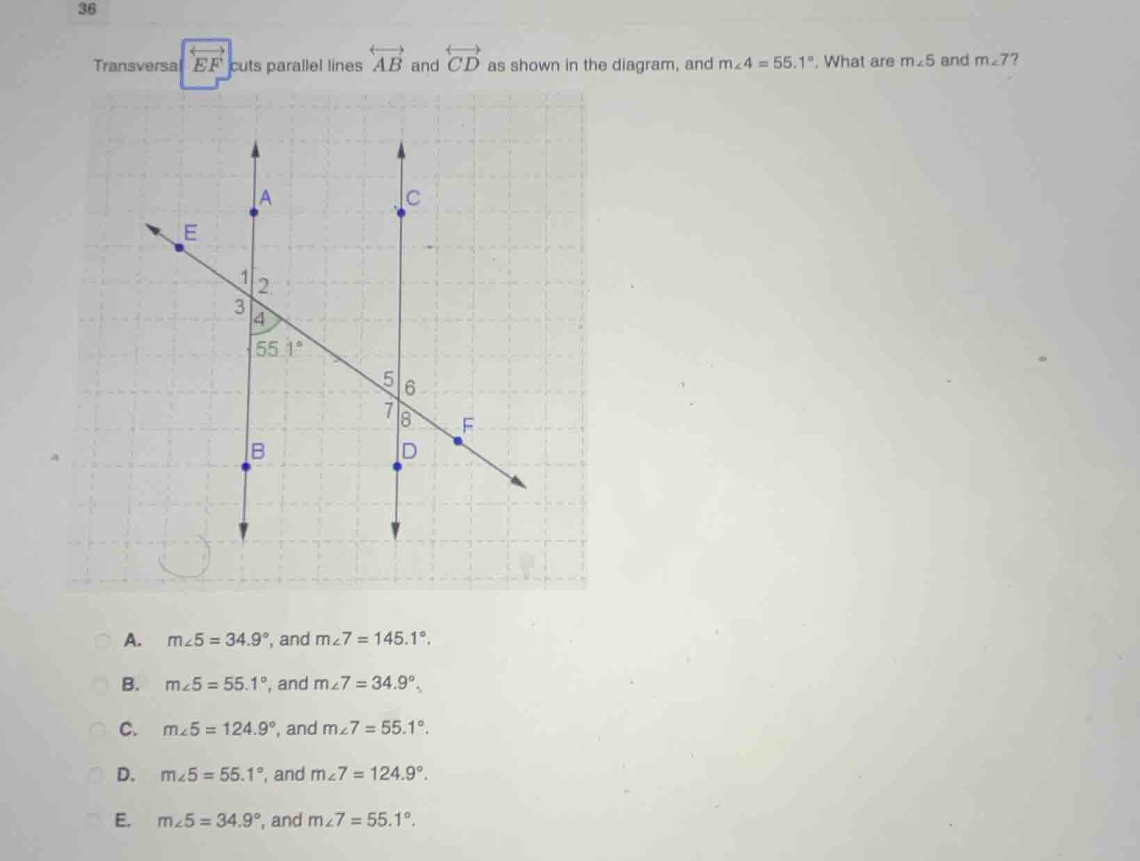 transversal $overleftrightarrow{ef}$ cuts parallel lines $overleftright…