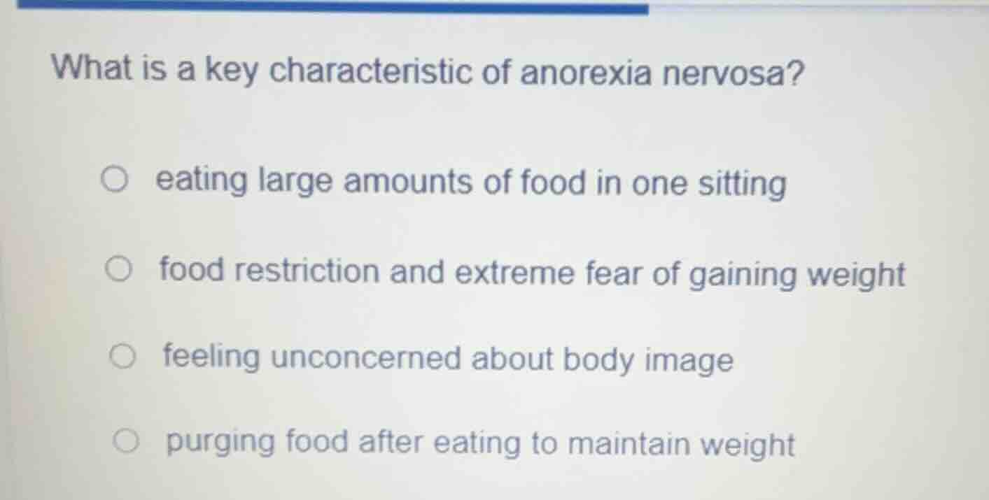 what is a key characteristic of anorexia nervosa? eating large amounts …