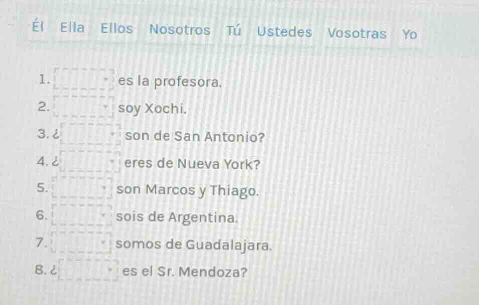 él ella ellos nosotros tú ustedes vosotras yo 1. es la profesora. 2. so…