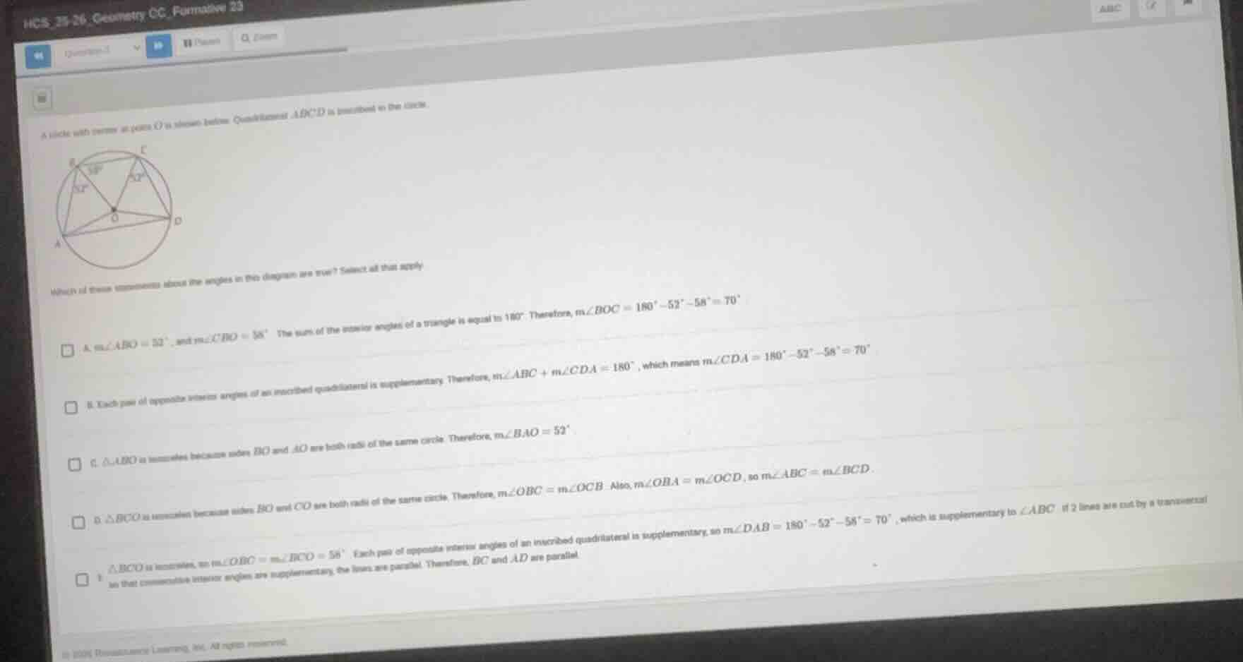 a circle with center at point o is shown below. quadrilateral abcd is i…