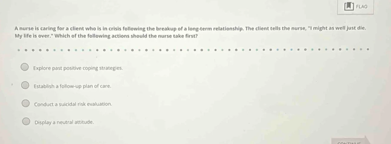 a nurse is caring for a client who is in crisis following the breakup o…