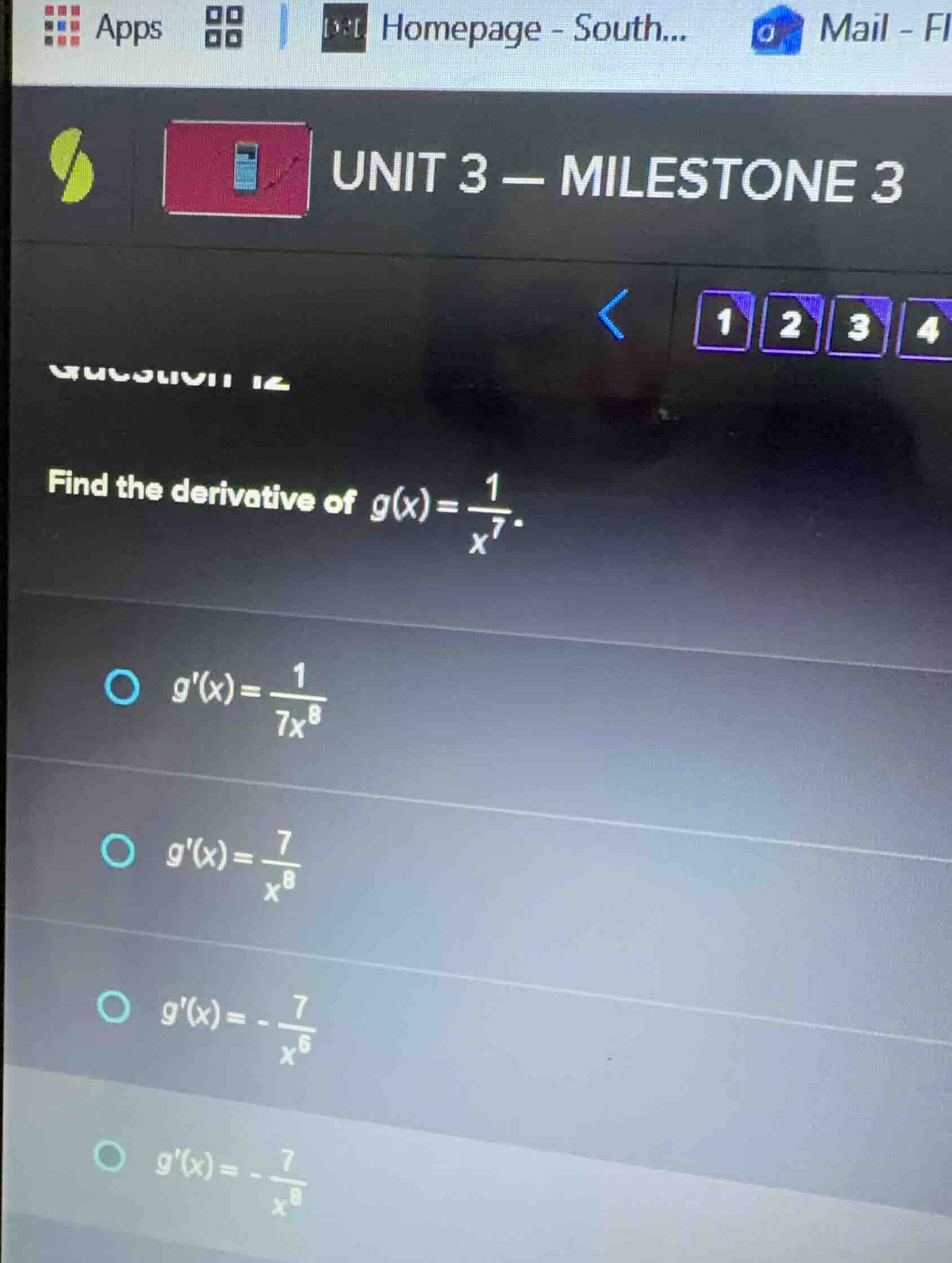 find the derivative of $g(x) = \\frac{1}{x^7}$.\ \ $g(x) = \\frac{1}{7x…