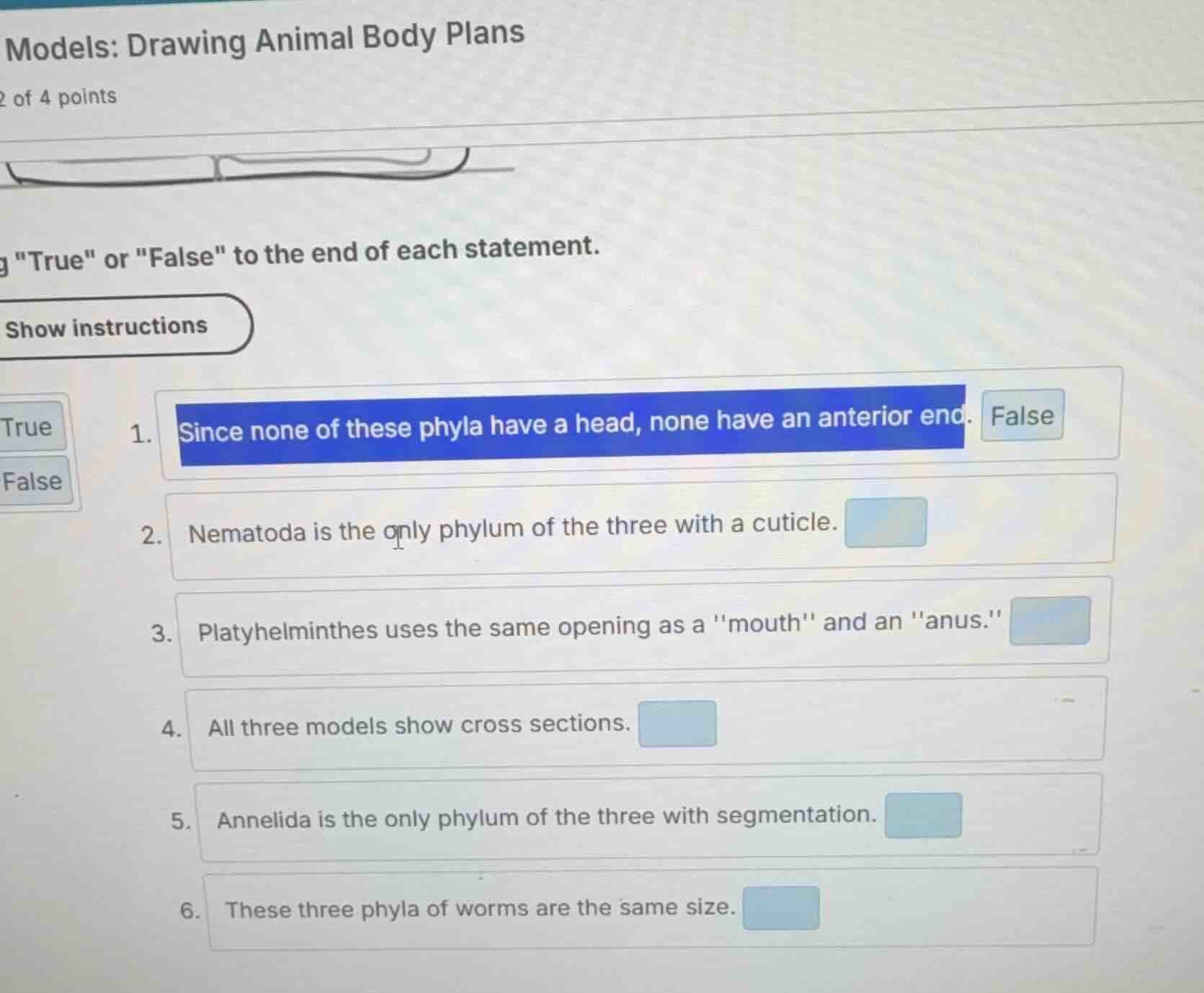 models: drawing animal body plans 2 of 4 points g \true\ or \false\ to …