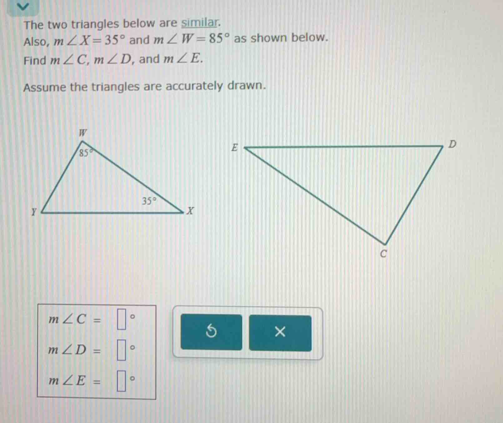 the two triangles below are similar. also, ( mangle x = 35^circ ) and (…