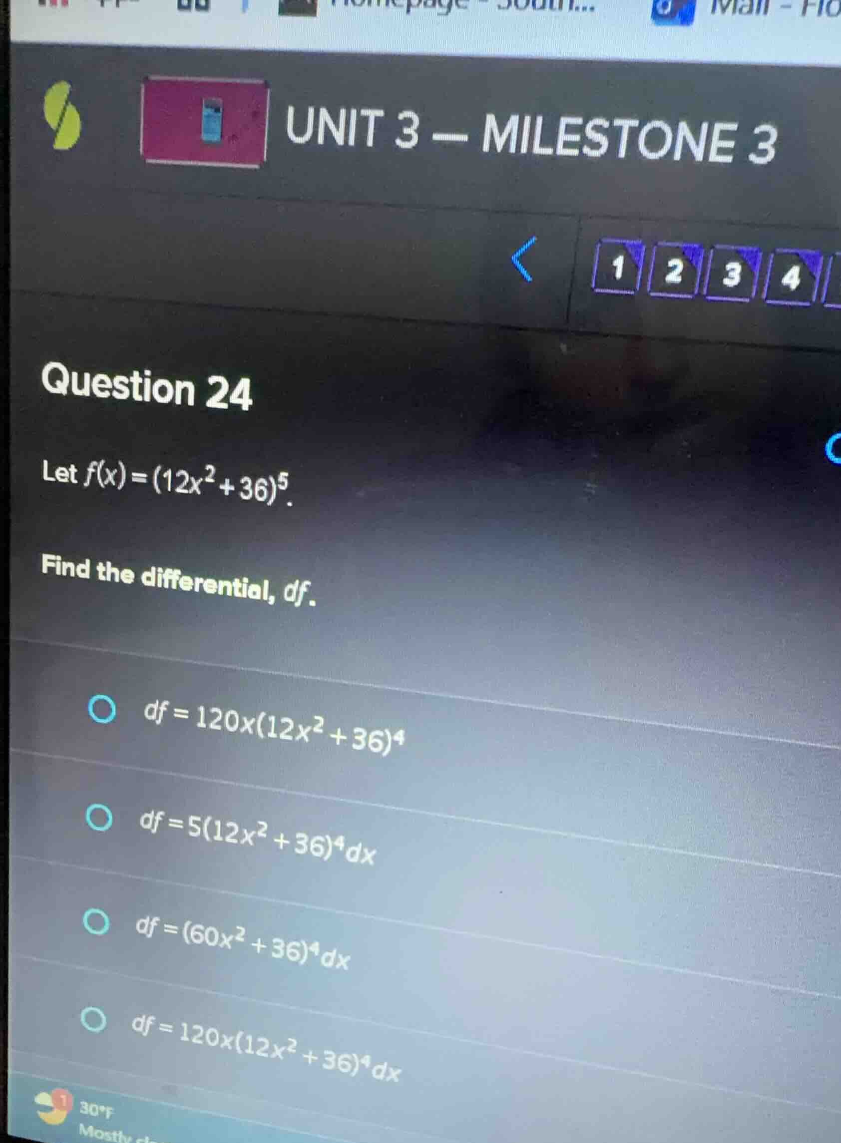 question 24 let ( f(x) = (12x^2 + 36)^5 ). find the differential, ( df …