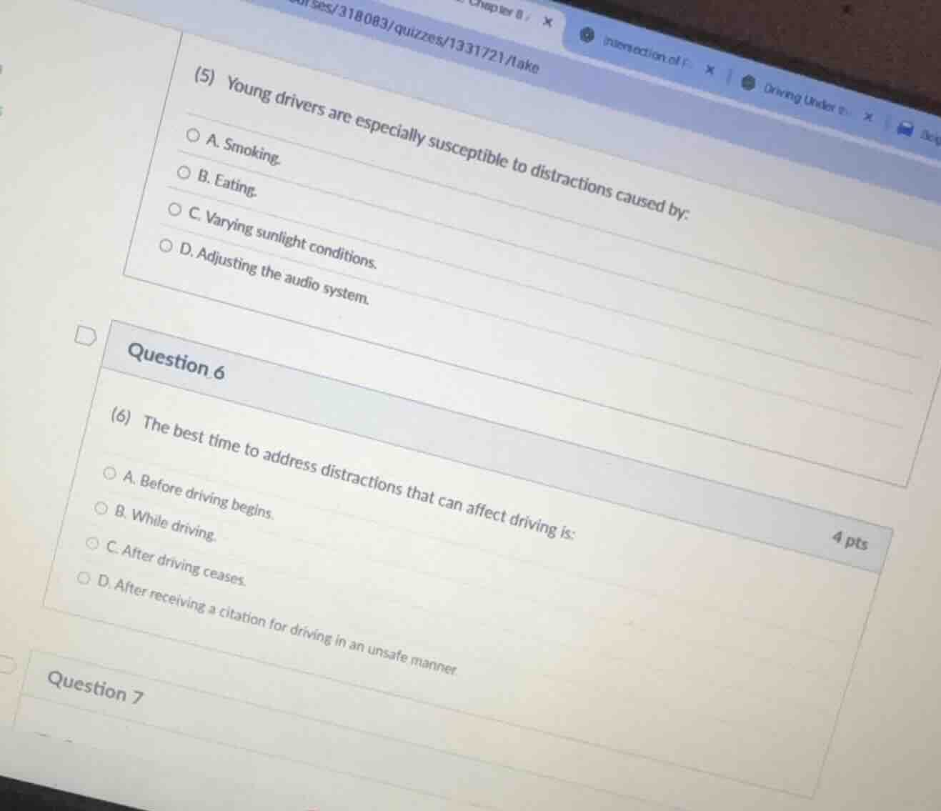 (5) young drivers are especially susceptible to distractions caused by:…