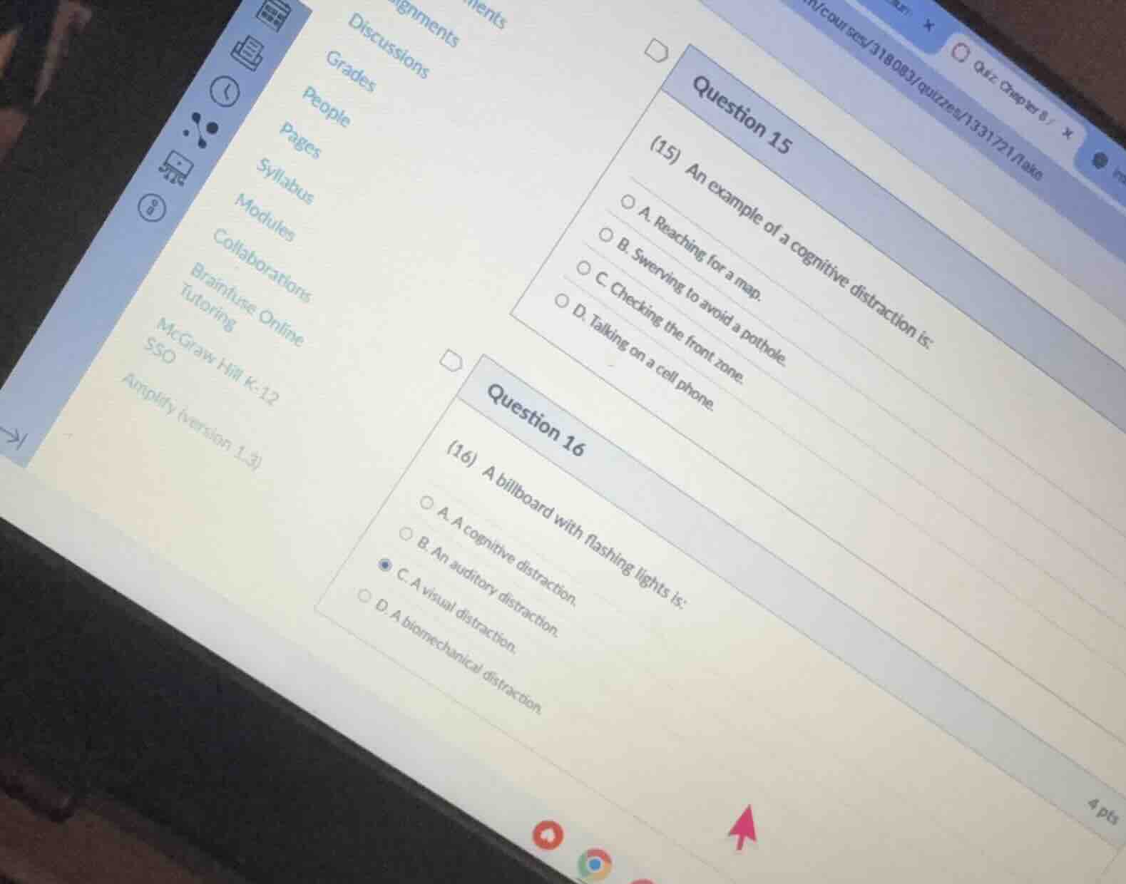 question 15 (15) an example of a cognitive distraction is: a. reaching …