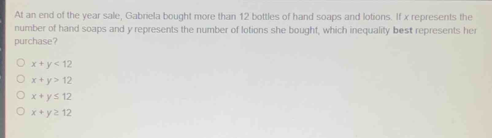 at an end of the year sale, gabriela bought more than 12 bottles of han…